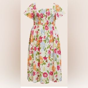 NWT Floral Backless Shirred Square Neck Pocket Ruffle Hem Dress